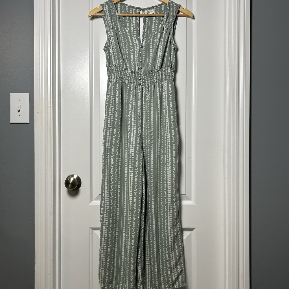 Japna Sage‎ Green Floral Stripe Rayon Wide Leg Jumpsuit Cottagecore Boho Style